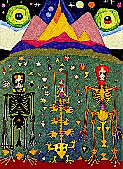 Image similar to pixel decollage painting tarot lovers card composition tower of babel road red armor maggot bear and wonky alien frog skeleton knight on a horse in a dark red cloudy night sky with golden foil jewish stars and diamonds, mountain lake and blossoming field in background, painted by Mark Rothko, Helen Frankenthaler, Danny Fox and Hilma af Klint, pixelated, neo expressionism, semi naive, pastel colors, cinematic, color field painting, cave painting, voxel, pop art look, outsider art, minimalistic. Bill Traylor painting, part by Philip Guston, Amano and Francis Bacon. art by Adrian Ghenie and Storm Thorgerson, very coherent symmetrical artwork, cinematic, hyper realism, high detail, octane render, unreal engine, Smooth gradients, depth of field, full body character drawing, extremely detailed, 8k, extreme detail, intricate detail, masterpiece