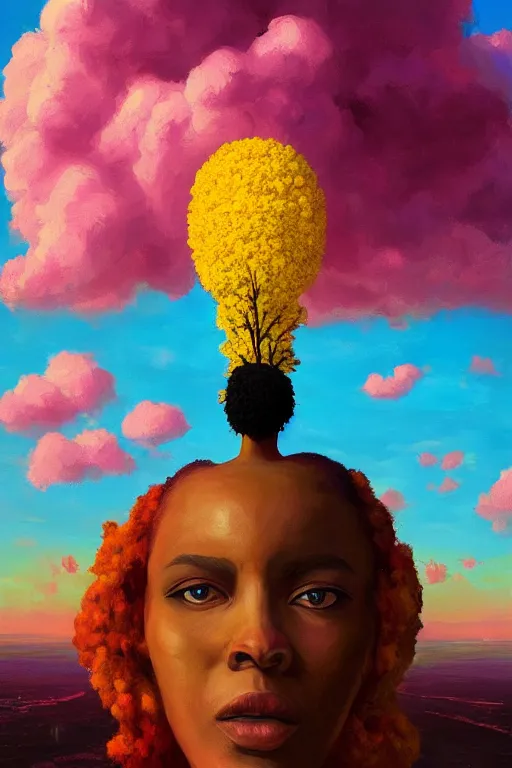 Image similar to portrait, giant flower as head, black woman in suit, surreal photography, golden hour, colorful clouds, impressionist painting, digital painting, artstation, simon stalenhag