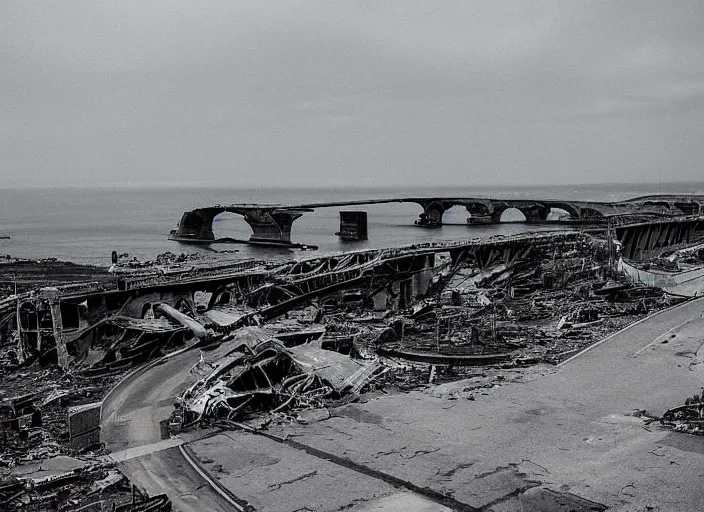 Prompt: grainy futuristic photo of the remains of an enormous destroyed freeway bridge on the new york coast after the apocalypse ; the bridge leads into the wide ocean