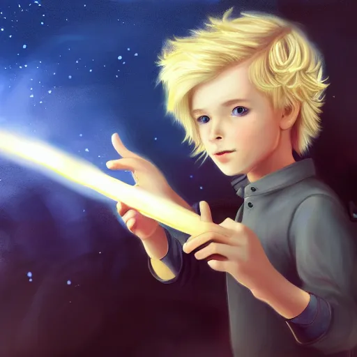 Prompt: A young mage with blonde hair holding a magical wand. Fantasy, digital painting, HD, 4k, detailed.