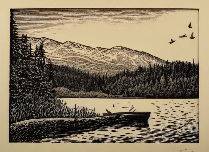 Image similar to an award winning Wood engraving on paper of The Canadian lakes