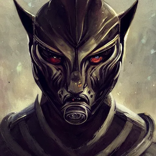 Image similar to Portrait of a humanoid feline man by Greg Rutkowski, hard predatory look, pointed ears, prominent jaw and visible fangs, wearing a futuristic space tactical gear that looks like a mix between the samurai, viking and templar aesthetics, mix between tribal and hi-tech, highly detailed portrait, scifi, space opera, digital painting, artstation, concept art, smooth, sharp foccus ilustration, Artstation HQ