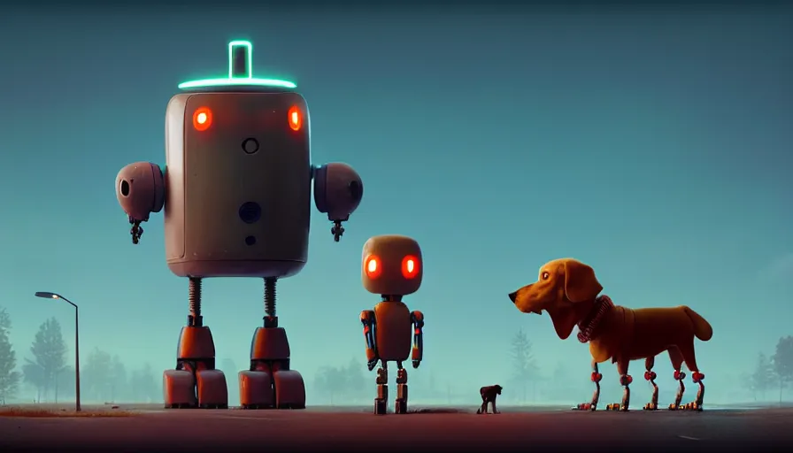 Image similar to tall cute robot with his best dog friend, by Simon Stalenhag, unreal engine, octane render, 8k, rule of thirds