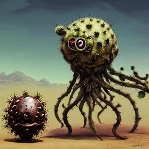 Image similar to ball creature covered with eyes, in the desert next to a cactus, d & d, fantasy, greg rutkowski, frank frazetta, alexandre chaudret, boris vallejo, michael whelan, miro petrov, hr giger, magali villeneuve, donato giancola