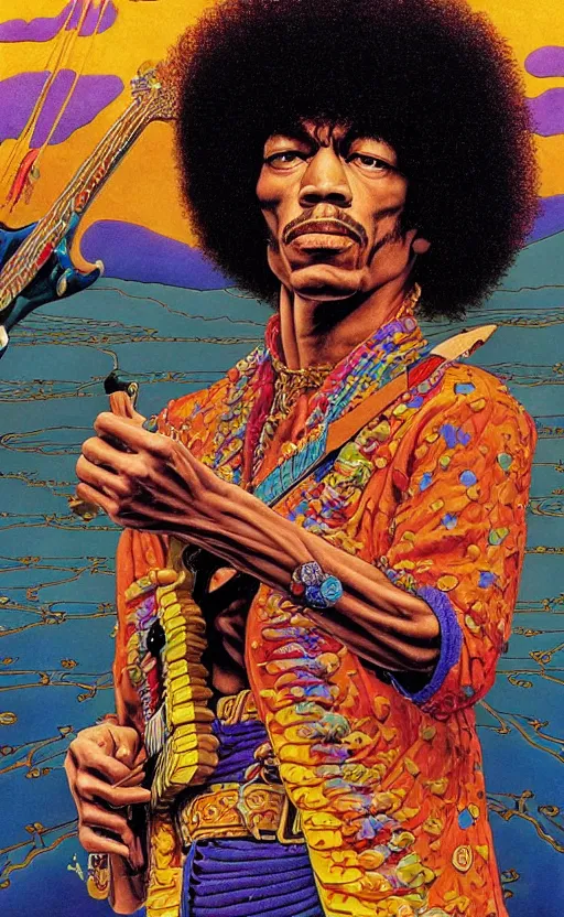 Image similar to an astonishing and hilarious jean giraud work of art of jimi hendrix in the style of a renaissance masters portrait, mystical and new age symbolism and tibetan book of the dead imagery, intricately detailed, 4 k