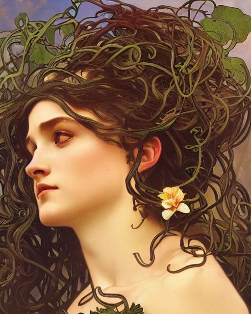 Image similar to side profile portrait of Medusa by Alphonse mucha, art nouveau, oil on canvas, wisps, snakes, foliage, lush, cinematic composition, cinematic concept art, volumetric lighting, high octane render, unreal engine, high detail, realism, hyper-real