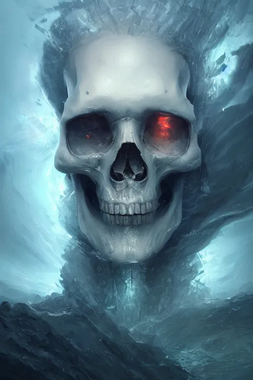 Image similar to atlantis skull, close - up portrait, powerfull, intricate, elegant, volumetric lighting, scenery, digital painting, highly detailed, artstation, sharp focus, illustration, concept art, ruan jia, steve mccurry