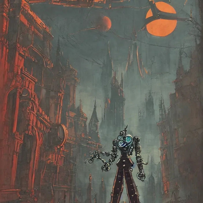 Prompt: a robot hunter from bloodborne in yharnam, style by retrofuturism, faded red and yelow, by malcolm smith, old comics in city, nicholas roerich, katinka reinke