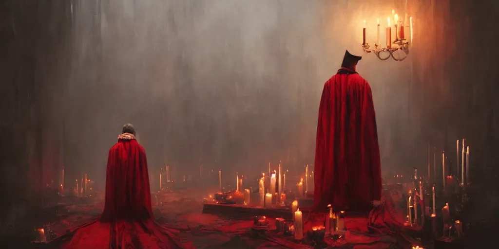 Prompt: A hyper realistic oil painting of a very old vampire dressed in a crimson robe, surrounded by candles, creepy atmosphere, moody lighting, by Greg Rutkowski, trending on artstation, 4k, underground