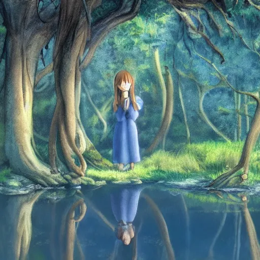 Prompt: forest child in a lake, ghibli, highly detailed faces, artwork, light, blue, fantasy