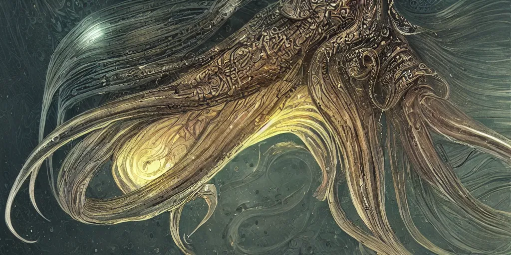 Image similar to squid, stylized layered shapes, long flowing fins, bioluminescent orbs, diffuse lighting, glowing eye, intricate, elegant, highly detailed, lifelike, photorealistic, digital painting, artstation, smooth, sharp focus, art by h r giger