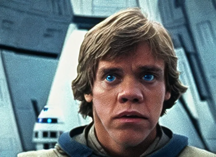 Image similar to screenshot from the lost star wars film, blue transparent hologram of Luke Skywalker, iconic scene from the lost Star Wars film, Remnants Of the Empire, 1990 directed by Stanely Kubrick, moody cinematography, with anamorphic lenses, crisp, detailed, 4k