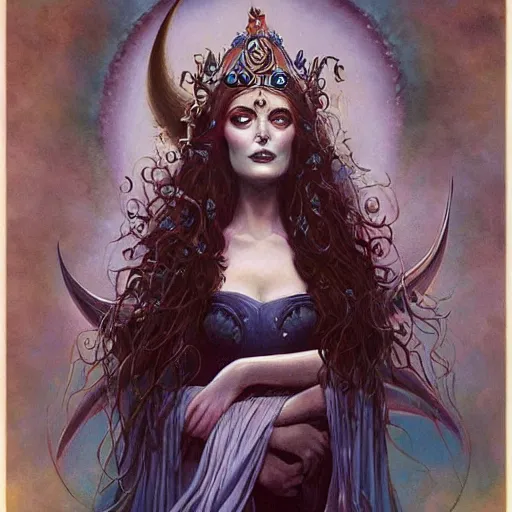 Image similar to portrait of princess of the dreamlands and moon beast, beautiful! coherent! by brom, deep colors, strong lines, high contrast