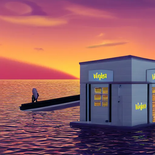 Image similar to a Walmart public restroom floating in the middle of the ocean, sunset, beautiful, ultra realistic digital art, 4k, cgsociety, HDR, Intricate, trending on artstation