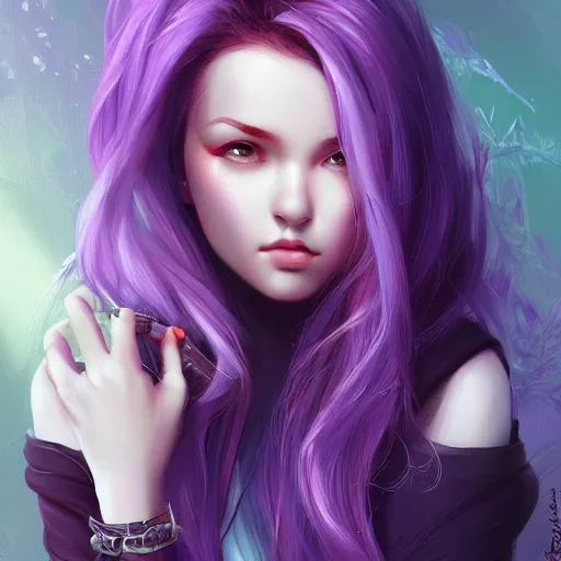 Image similar to teen girl, purple hair, gorgeous, amazing, elegant, intricate, highly detailed, digital painting, artstation, concept art, sharp focus, illustration, art by ross tran