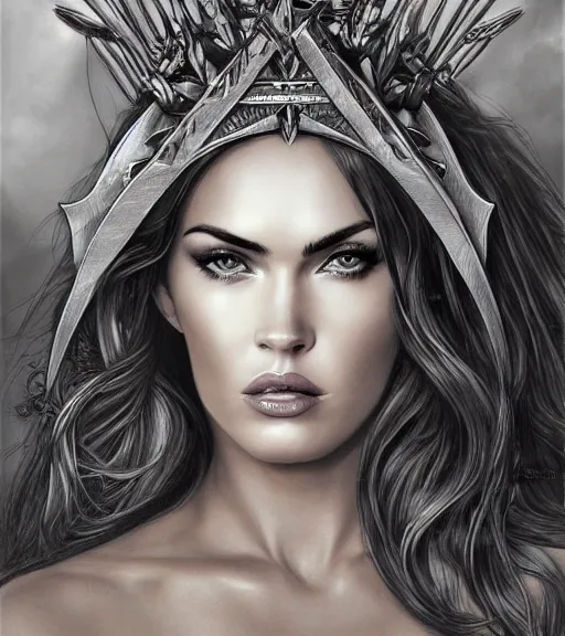 Prompt: portrait of beautiful megan fox as greek goddess aphrodite as an archer, arrow crown, beautiful piercing eyes, flowing blonde hair, realistic face, black and white drawing, in the style of greg rutkowski, fantasy, amazing detail, epic, intricate, elegant, smooth, sharp focus