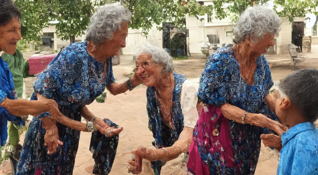 Image similar to one old woman giving a jewel to one young man