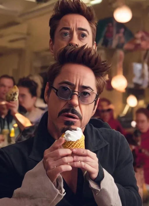 Image similar to a full portrait photo of robert downey jr eating ice cream in movie iron man, f / 2 2, 3 5 mm, 2 7 0 0 k, lighting, perfect faces, award winning photography.