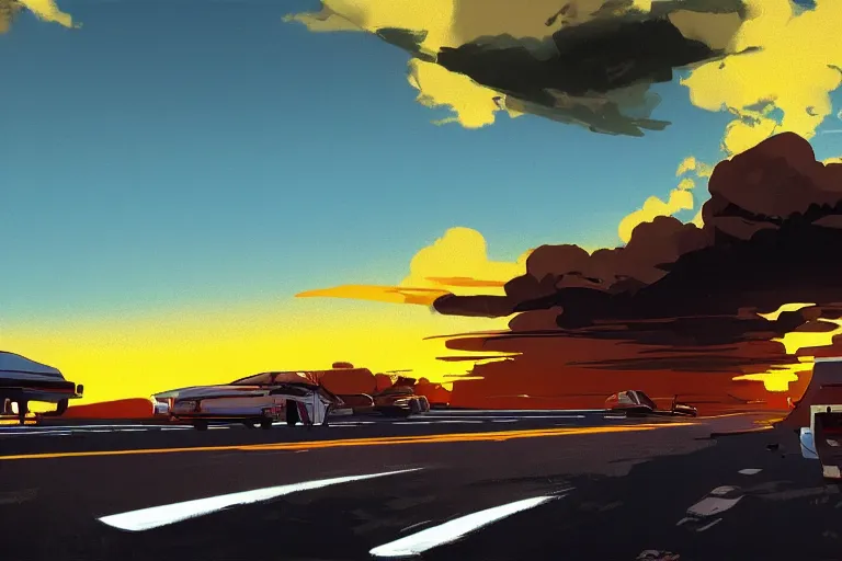 Prompt: urban roadside sunset sky clouds illustration by syd mead artstation 4 k 8 k graphic novel concept art matte painting