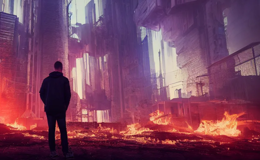 Prompt: a 3 d render of a person standing in the ruins a futuristic city with fires and plumes of smoke in the background, cyberpunk with lights and electricity and neon, bokeh, canon 5 0 mm, cinematic lighting, volumetric light, octane, octane render, redshift render