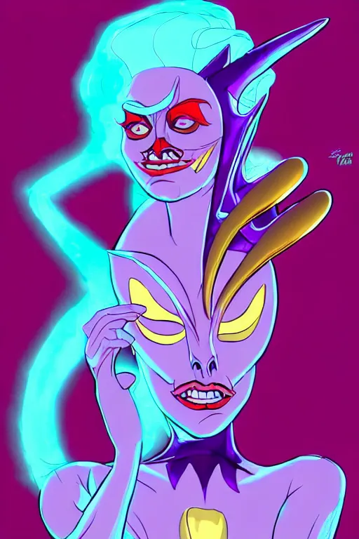 Image similar to lady gaga as queen toxique, an alien supervillainess with mutagenic powers, glowing energy effects, full color digital painting in the style of don bluth, jamie hewlett, artgerm, artstation trending, 8 0 s vibes