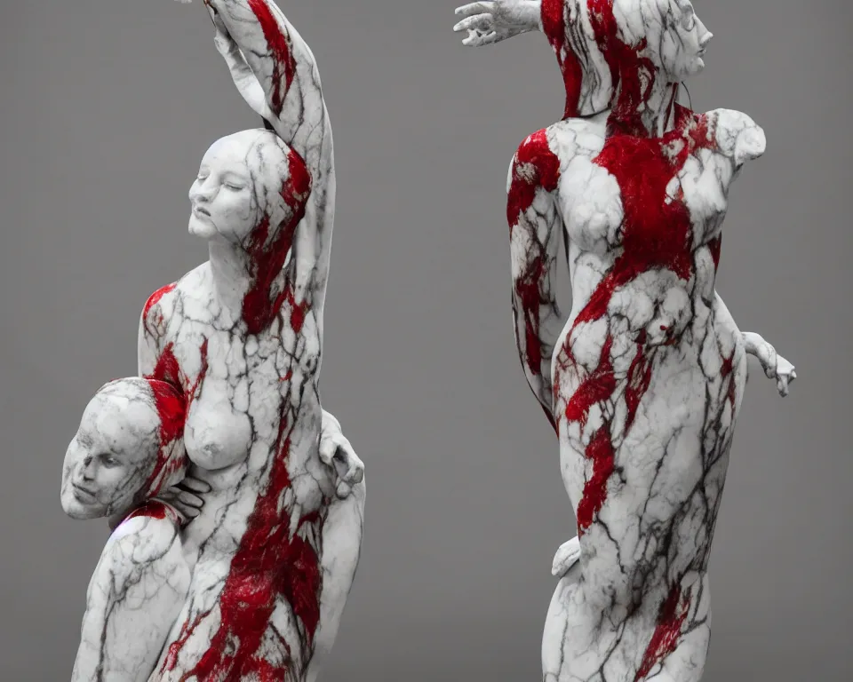 Image similar to intrincate carrara marble red green and white statue of Oblivium Blossom Goddess made by Kris Kuksi and HR Giger and Lois Greenfield