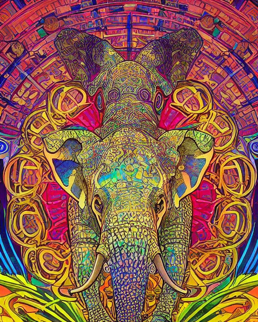 Image similar to Elephant head art surrounded by varities of pineapple, cell shading, voronoi, fibonacci sequence, sacred geometry by Alphonse Mucha, Moebius, hiroshi yoshida, Art Nouveau, colorful, ultradetailed, vivid colour, 3d