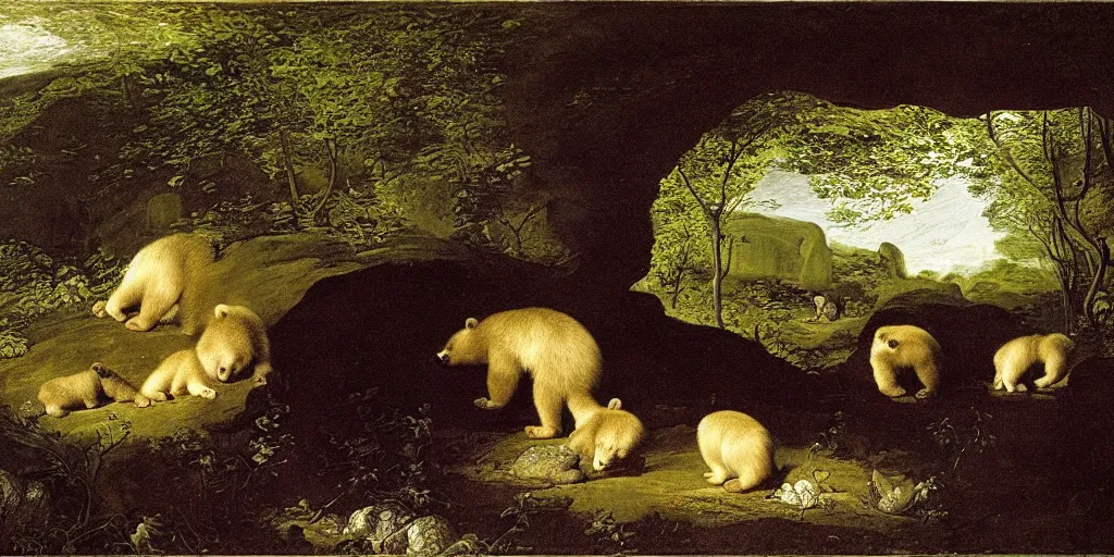 Image similar to viewer looking into dark cave and seeing a mother bear and her cubs sleeping, night time, artwork by Pieter Claesz, impressionism