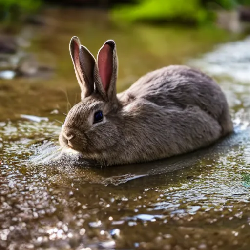 Image similar to a rabbit kayaking in a small stream, 4k photorealistic