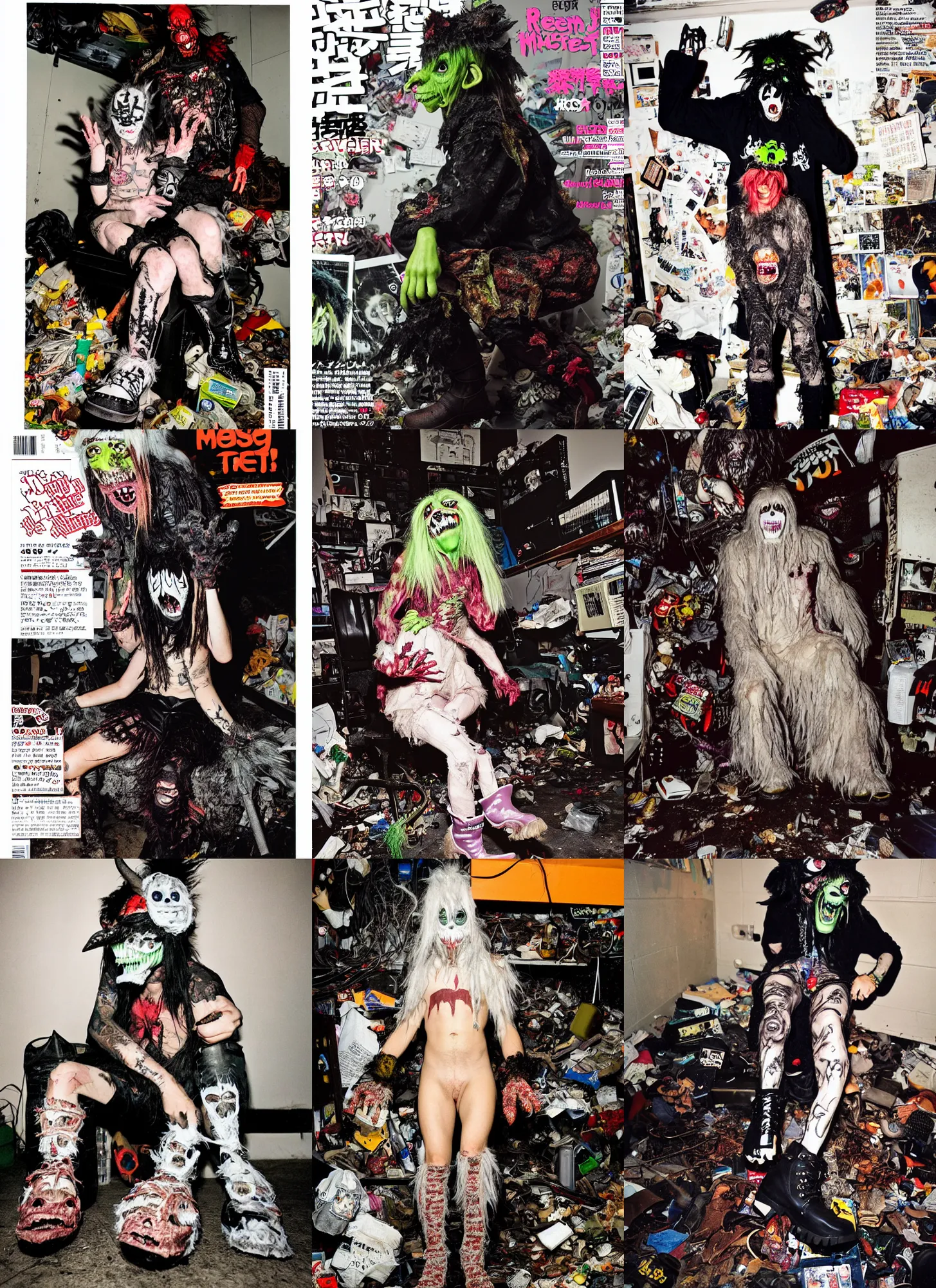 Image similar to photo of lace monster goblin wearing ripped up dirty Swear kiss monster teeth yeti platform boots in the style of Ryan Trecartin in the style of 1990's FRUiTS magazine 20471120 in japan in a dirty dark dark dark poorly lit bedroom full of trash and garbage server racks and cables everywhere in the style of Juergen Teller in the style of Shoichi Aoki, japanese street fashion, KEROUAC magazine, Walter Van Beirendonck W&LT 1990's, Vivienne Westwood, y2K aesthetic