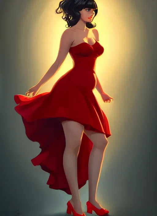 Image similar to full body portrait of teenage veronica lodge, obese, bangs, sultry, realistic, sultry smirk, wavy hair, red skirt, fat, belly, intricate, elegant, glowing lights, highly detailed, digital painting, artstation, concept art, smooth, sharp focus, illustration, art by wlop, mars ravelo and greg rutkowski