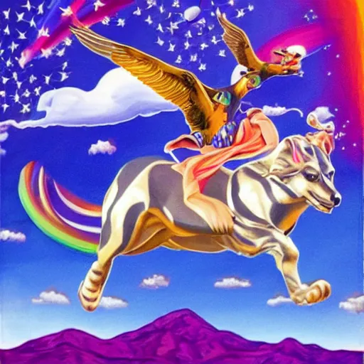 Image similar to robert mueller flying through the sky, art deco painting by lisa frank