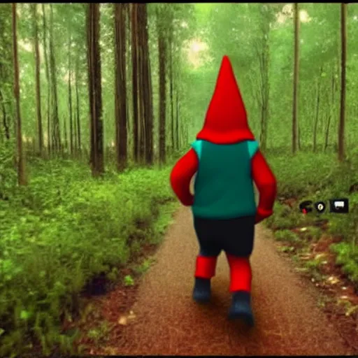 Image similar to bad quality screenshot of a leaked video of a small person dressed as gnome following me through a forest trail, night time, bright camera flash, camera shaking, realistic, ultrarealistic, 480p, scary