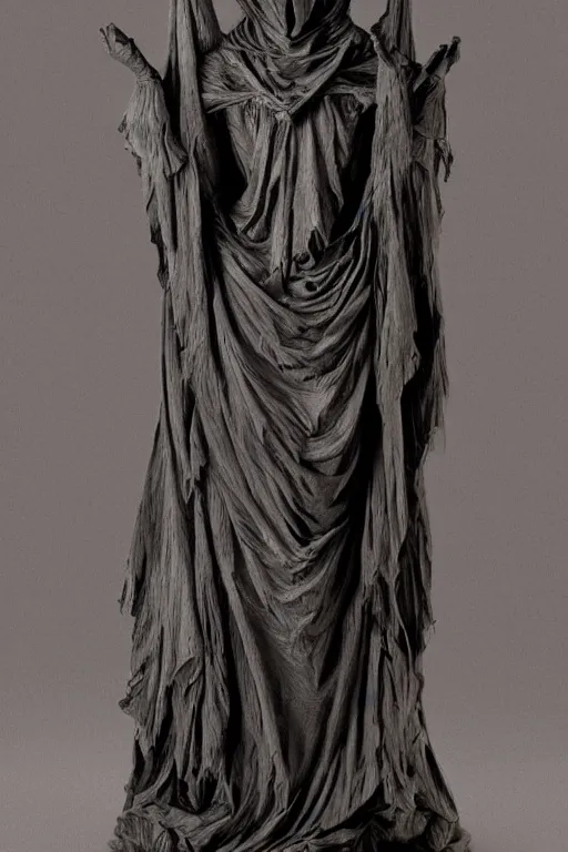 Image similar to a cinematic view of an highly ornated intricate macabre impressionist sacred statue of veiled ghoul made in light dark oak, with few ornaments in shiny polished graphite, sculpted by hedi xandt and antonio corradini, dark surrealism, freak gothic style