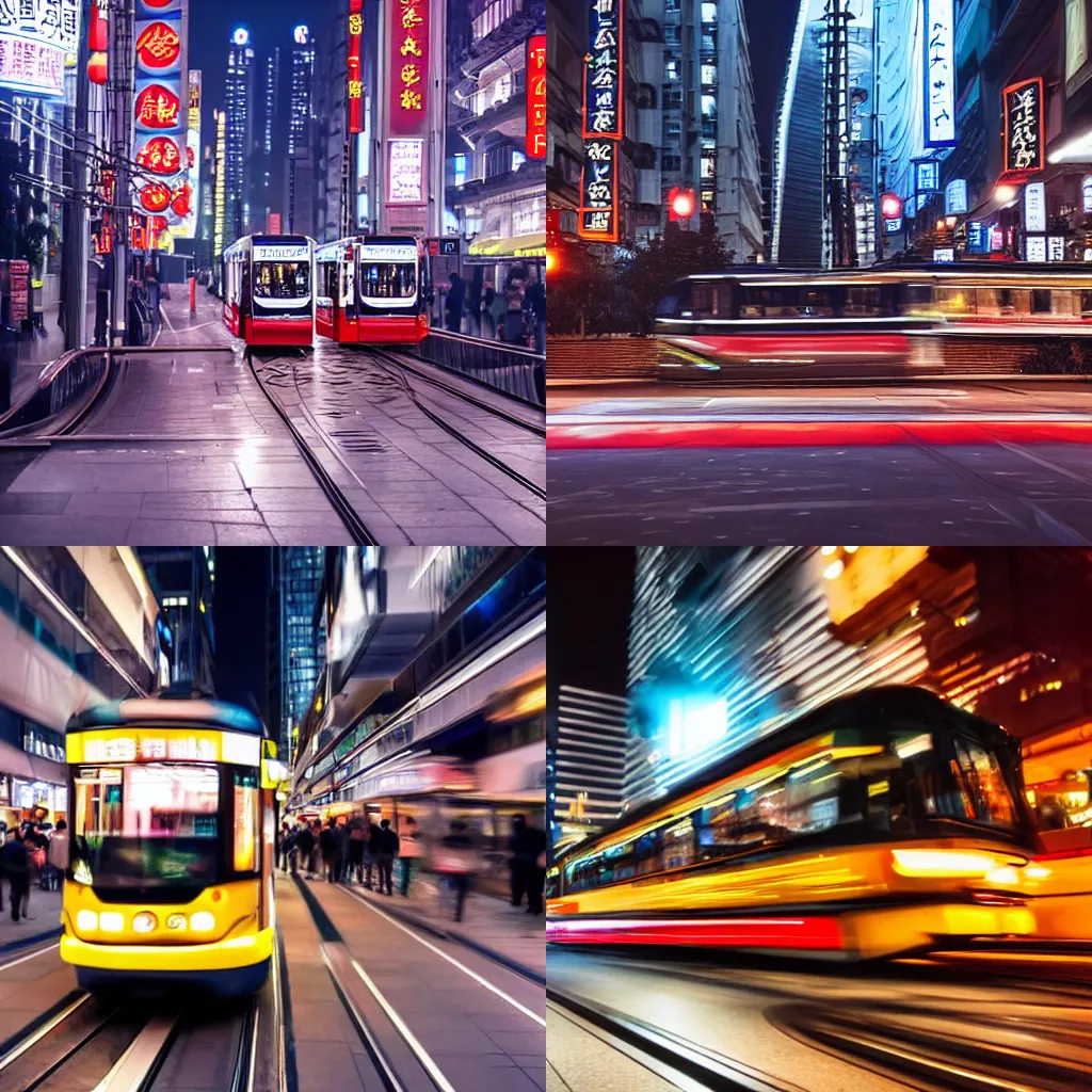 Prompt: an award winning photo of a tram running thrugh the busy streets of shanghai during night