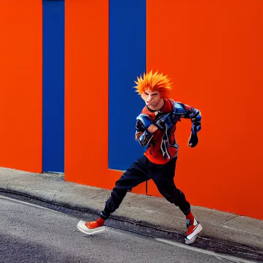 Prompt: orange - haired anime boy, 1 7 - year - old anime boy with wild spiky hair, wearing red jacket, running through red yellow blue building, strong lighting, strong shadows, vivid hues, ultra - realistic, sharp details, subsurface scattering, intricate details, hd anime, 2 0 1 9 anime