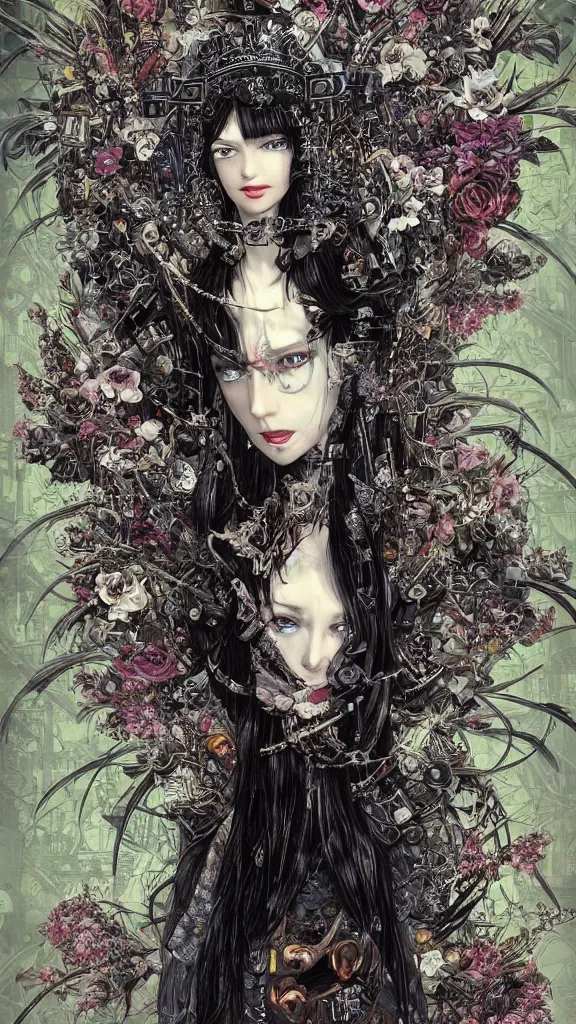 Image similar to cyberpunk fashion a beautiful black haired woman with pale skin and a crown on her head sitted on an intricate metal throne skin wrapped in flowers and wired, vintage style, by yoichi hatakenaka, masamune shirow, josan gonzales and dan mumford, ayami kojima, takato yamamoto, barclay shaw, karol bak, yukito kishiro