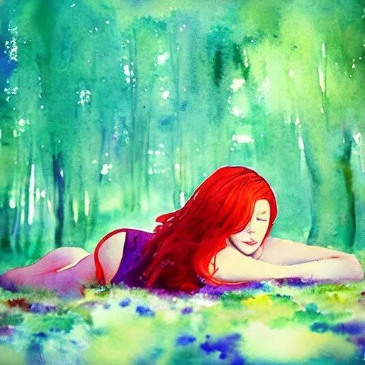 Image similar to “album cover very beautiful watercolor painting of redhead girl laying on a ground in a magic forest in a cyberpunk pixelsorting style”