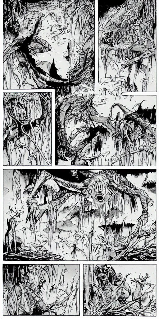 Image similar to multi - panel page from a highly detailed horror comic. swamp. woman. creature. terror. ink.