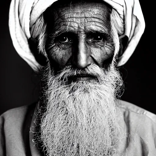 Image similar to black and white photo, portrait of 80 year old afghan man by richard avedon, realistic, Leica, medium format, cinematic lighting, parallax, high resolution,