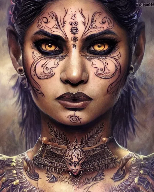 Prompt: a tattooed indian female warrior wearing a magical leotard in a magical forest, highly detailed face, realistic face, beautiful detailed eyes, fantasy art, in the style of greg rutkowski, illustration, epic, fantasy, intricate, hyper detailed, artstation, concept art, smooth, sharp focus, ray tracing, vibrant