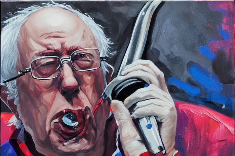 Prompt: Bernie Sanders as crunk rapper, drinking cough syrup, oil on canvas, artstation, portrait, masterpiece, aesthetic