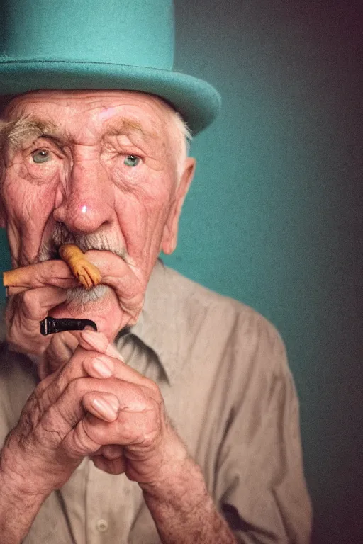 Prompt: insanely moody vaporwave portrait of an old man with hat smoking cigar, motion blurred background, teal and orange colors, vaporwave, photorealism, cinema still, photography, porcelain skin, wrinkles, smooth, volumetric studio lighting, portrait photography, award winning photography, insane details, 8 k high definition, artstation