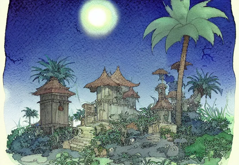 Image similar to a simple watercolor fantasy concept art of a dark grey cube next to a palm tree at night. by studio ghibli, rebecca guay, michael kaluta, charles vess