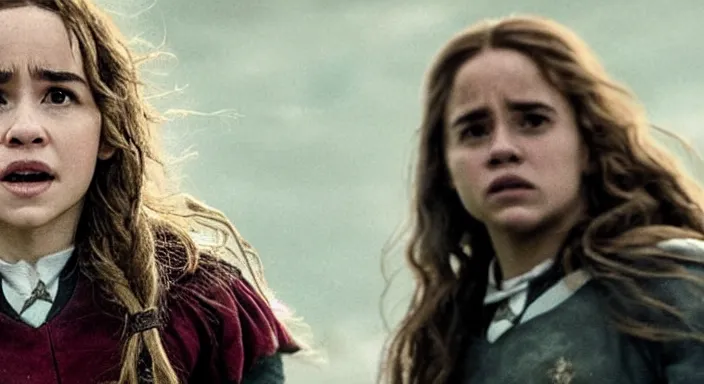 Prompt: Still of Emilia Clark starring as Hermione Granger in her Gryffindor uniform in the new Harry Potter reboot