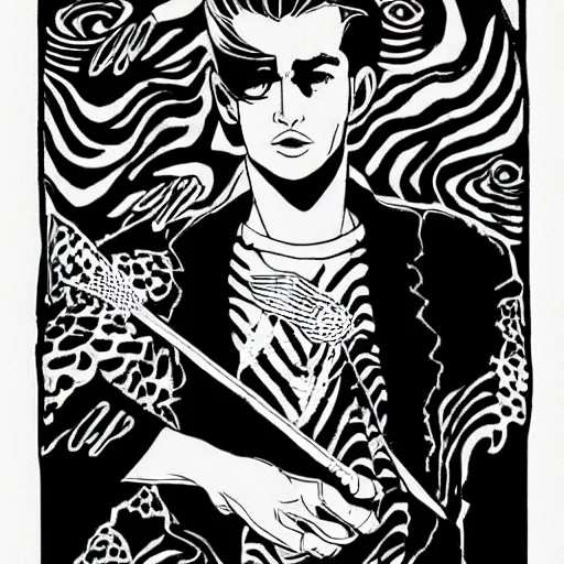 Image similar to black and white pen and ink!!!! Twin Peaks Black Lodge goetic vampire James Dean golden!!!! Vagabond!!!! floating magic swordsman!!!! glides through a beautiful!!!!!!! floral!! battlefield dramatic esoteric!!!!!! pen and ink!!!!! illustrated in high detail!!!!!!!! by Moebius and Hiroya Oku!!!!!!!!! graphic novel published on 2049 award winning!!!! full body portrait!!!!! action exposition manga panel black and white Shonen Jump issue by David Lynch eraserhead and beautiful line art Hirohiko Araki!!