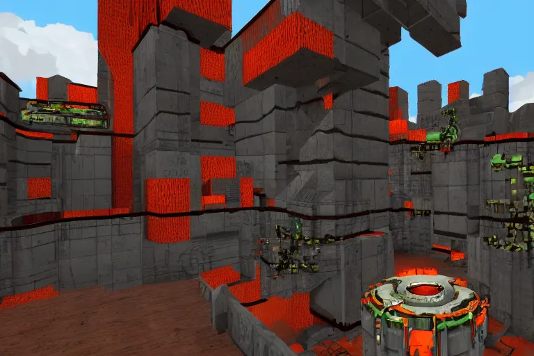 Prompt: screenshot from a custom map for doom with a grey and orange color theme