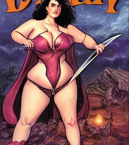 Image similar to 1 9 8 0 s fantasy novel book cover, bbw plus size amazonian 1 9 - year - old winona ryder in extremely tight bikini armor wielding a cartoonishly large sword, exaggerated body features, dark and smoky background, low quality print