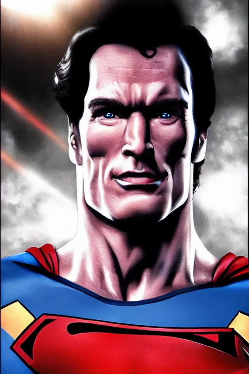 Prompt: a profile shot of Arnold Shvarzenegger as Superman, DC Comics, 8k, hyperrealism, cinematic lighting