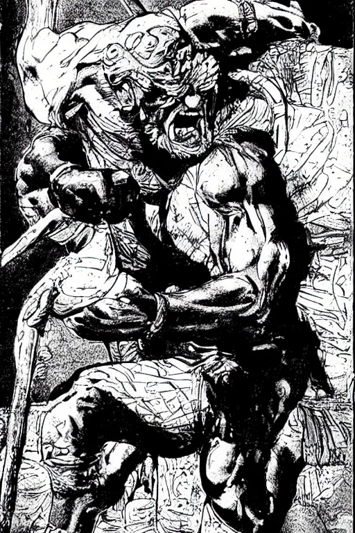 Image similar to ancient historically accurate depiction of the Bible Character Goliath of Gath, the Philistine warrior giant by frank miller